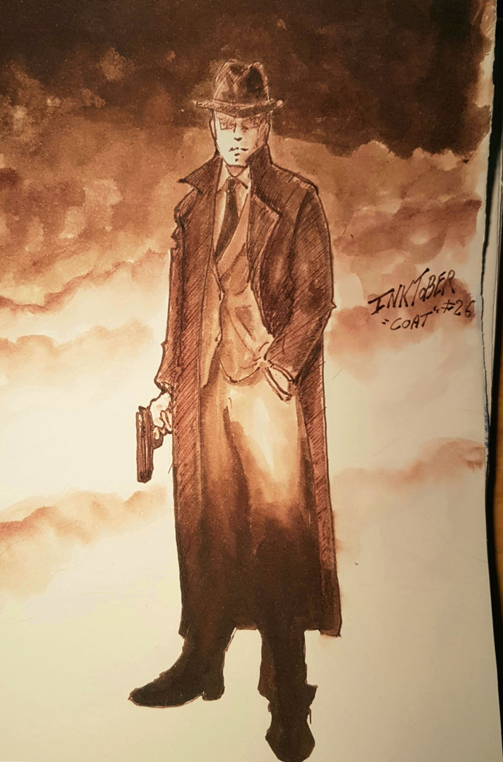 Dessin à l'encre d'un détective des années 50