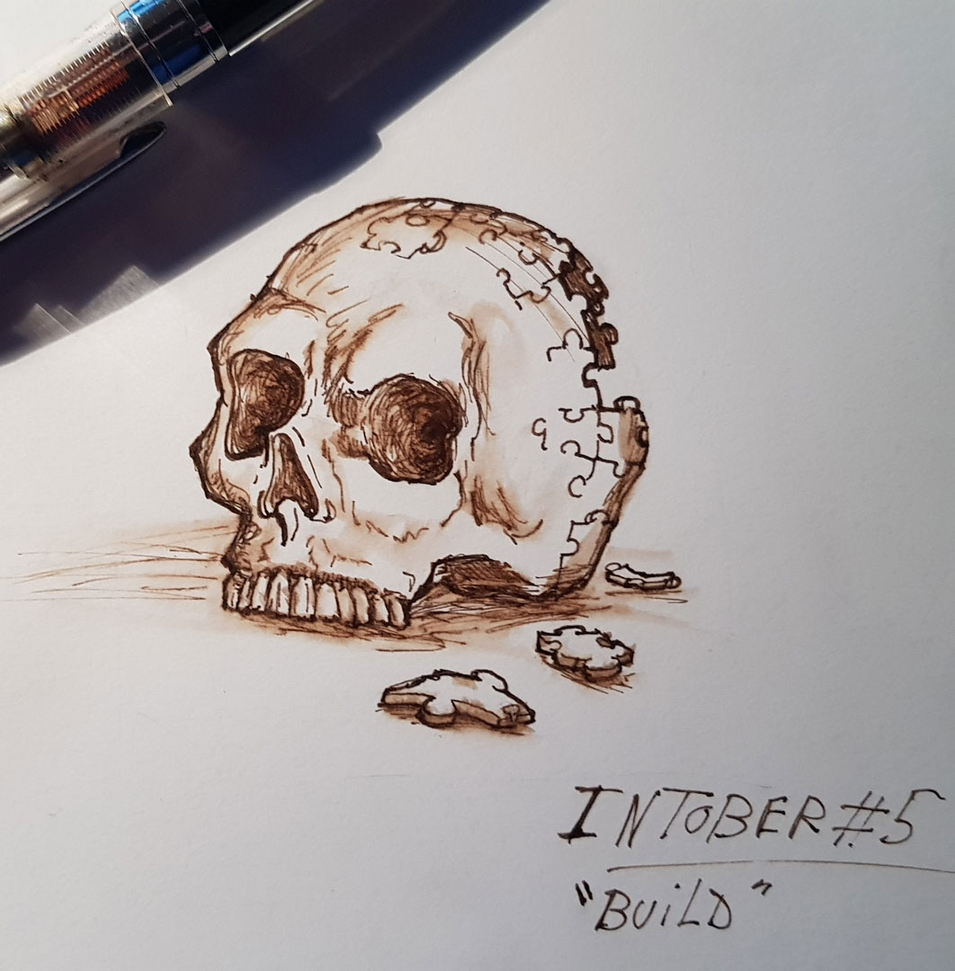 Dessin à l'encre d'un puzzle en forme de crâne
