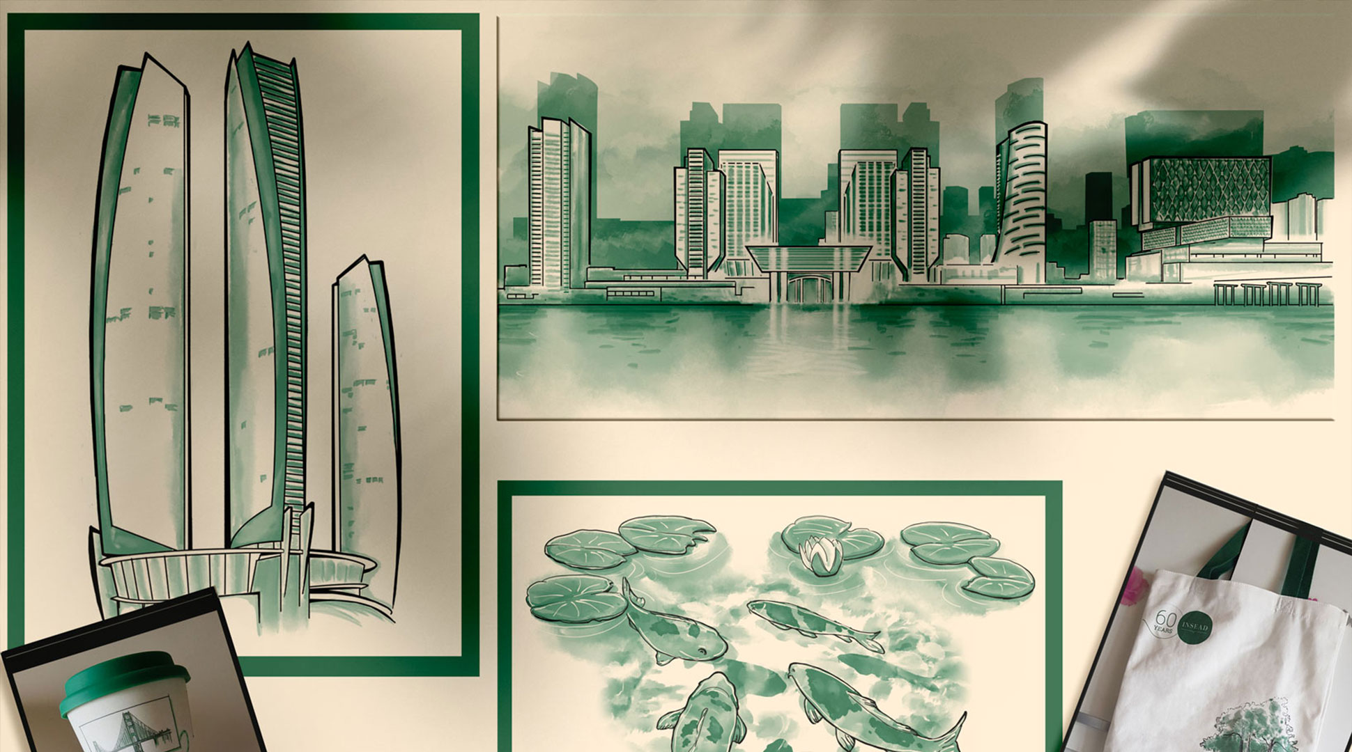 Tableau regroupant des aquarelles de l'INSEAD